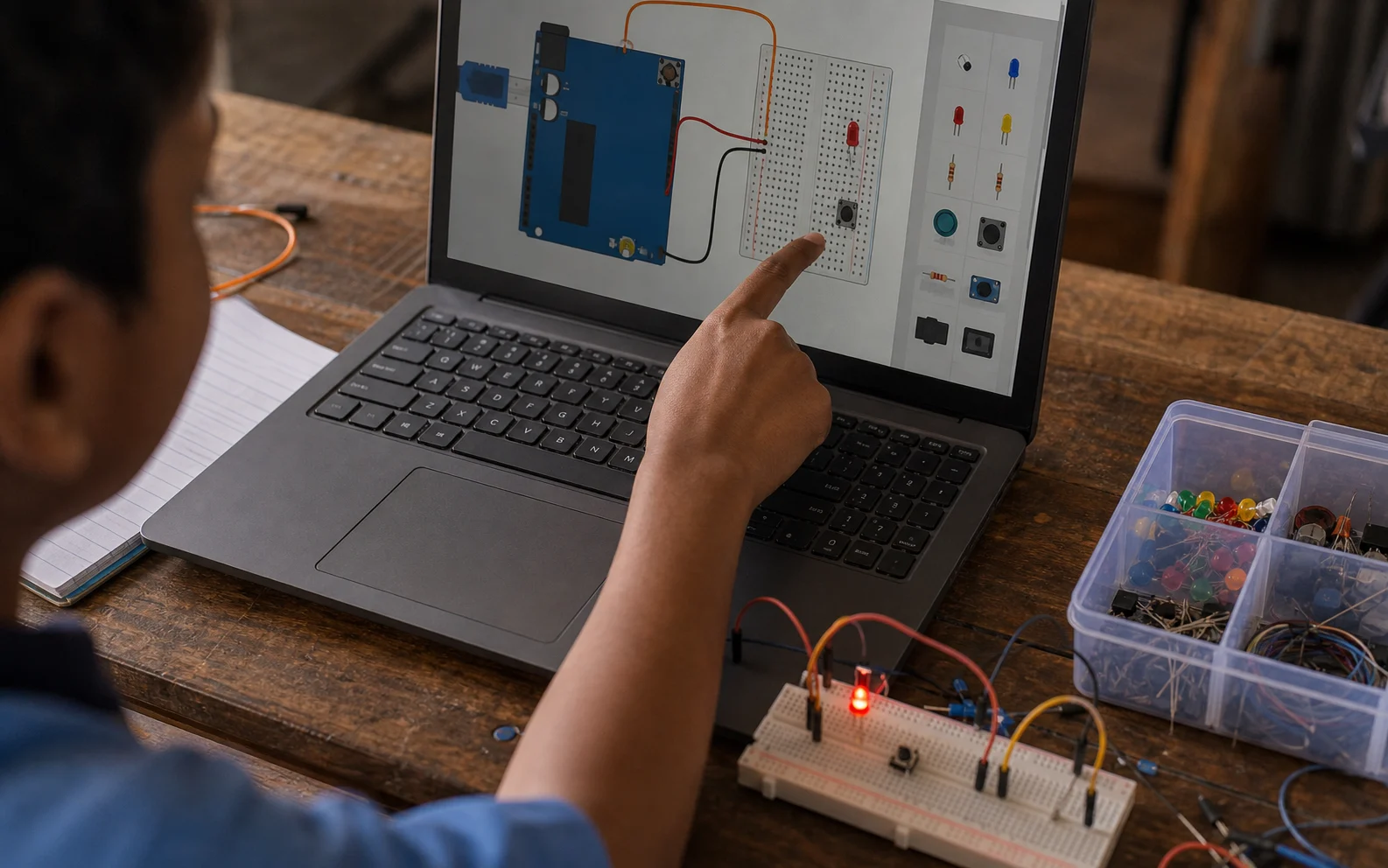 A rural student compares a simple Arduino-style simulator on a laptop with a real breadboard and LED on the desk.