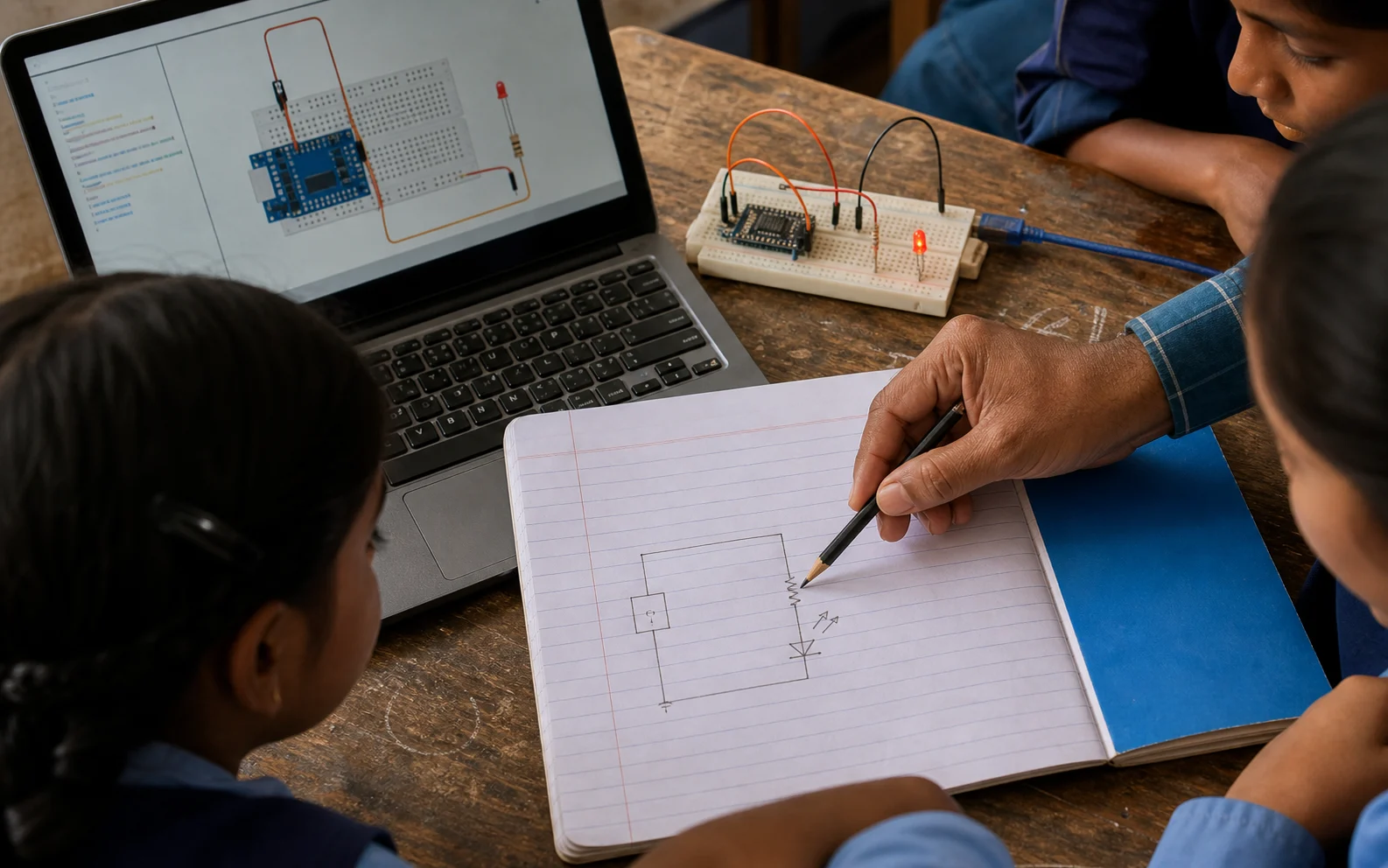 A teacher traces a circuit path in a notebook while students compare a laptop simulator with a real breadboard.