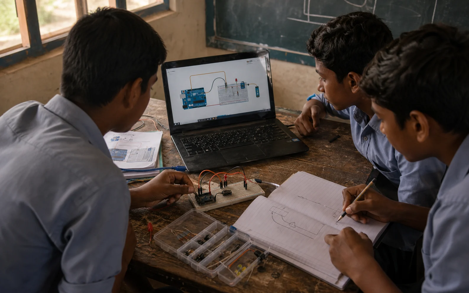 A small student team uses one shared laptop, a circuit tray, and notebooks to compare a simulator with hardware.