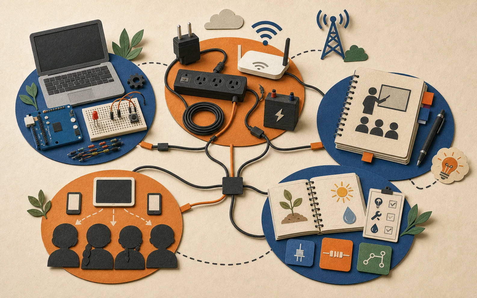 A paper-cut collage connects hardware, power, teacher guide, fair access, and curriculum icons with cable paths.