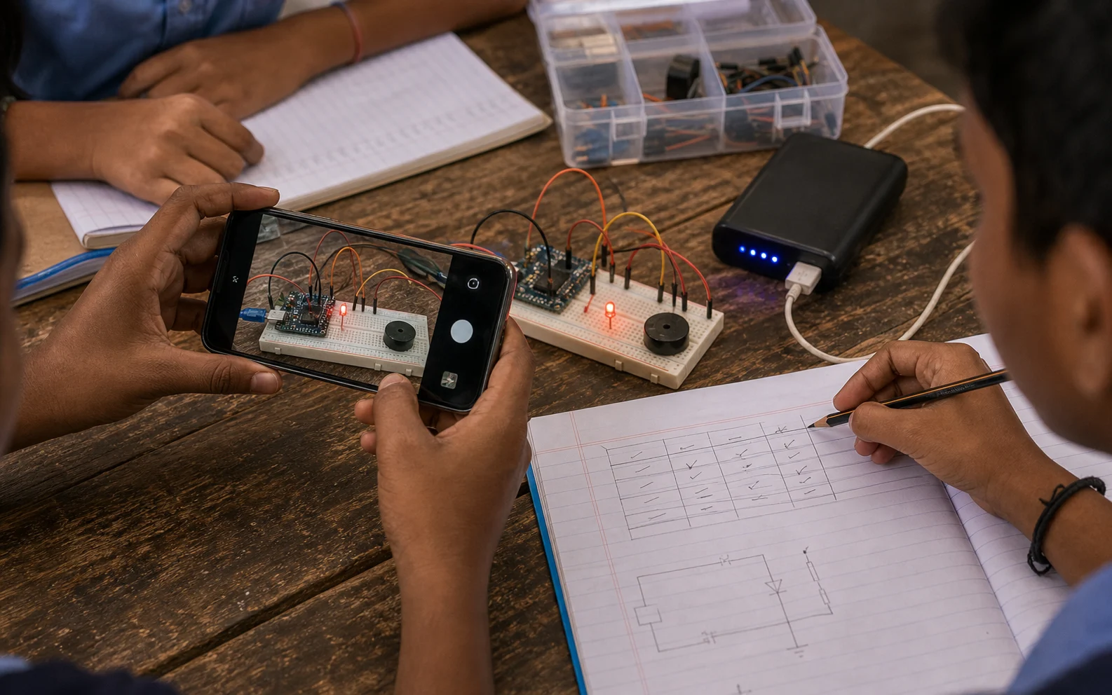 A shared phone documents a circuit and notebook observation table beside a power bank, cable, and electronics kit.