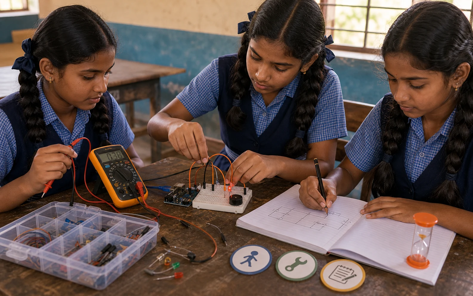 Girls rotate hands-on roles with a sand timer, icon cards, multimeter probes, breadboard, and jumper wires.