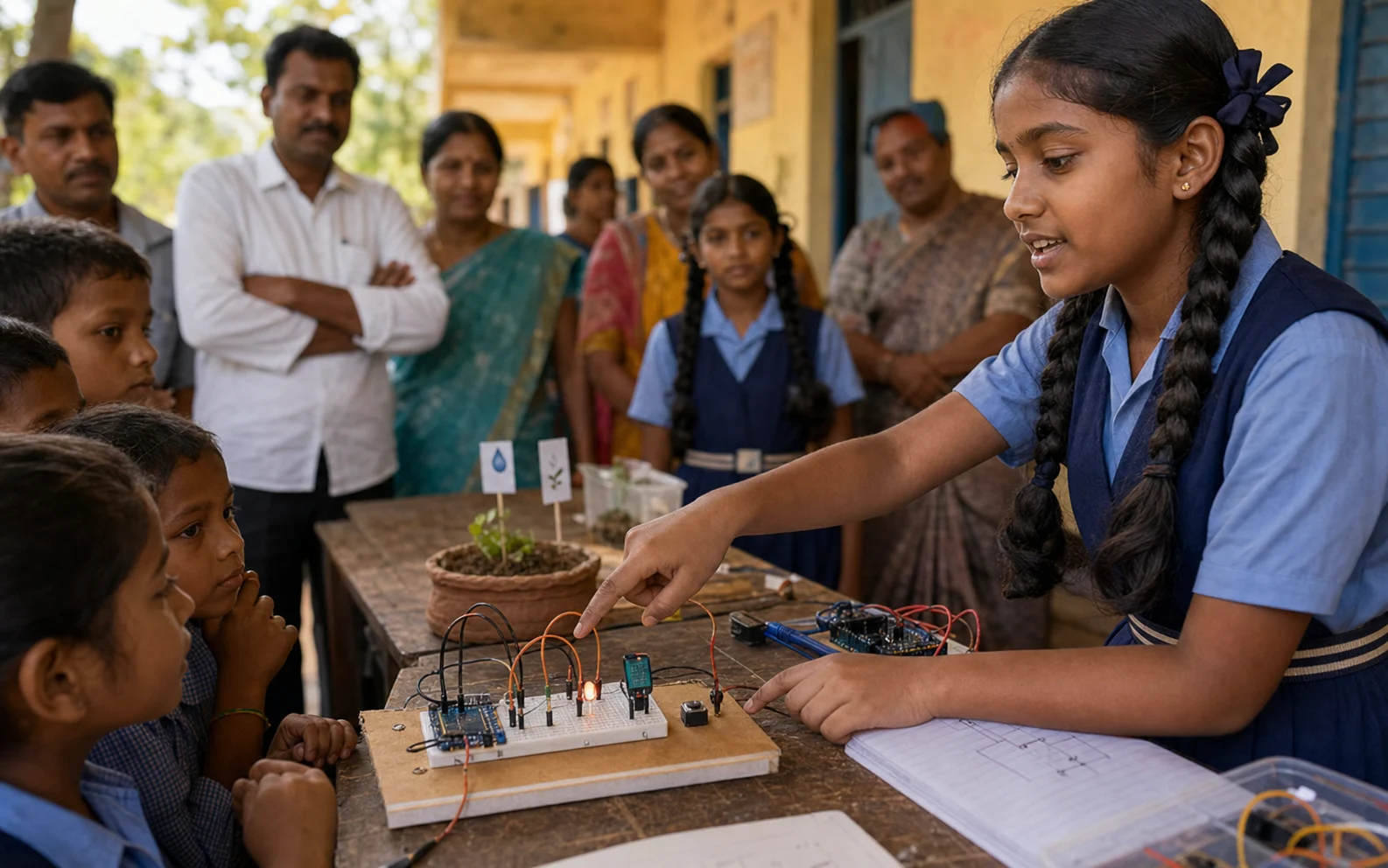A girl student presents a working circuit prototype while younger children and adults watch near the table.
