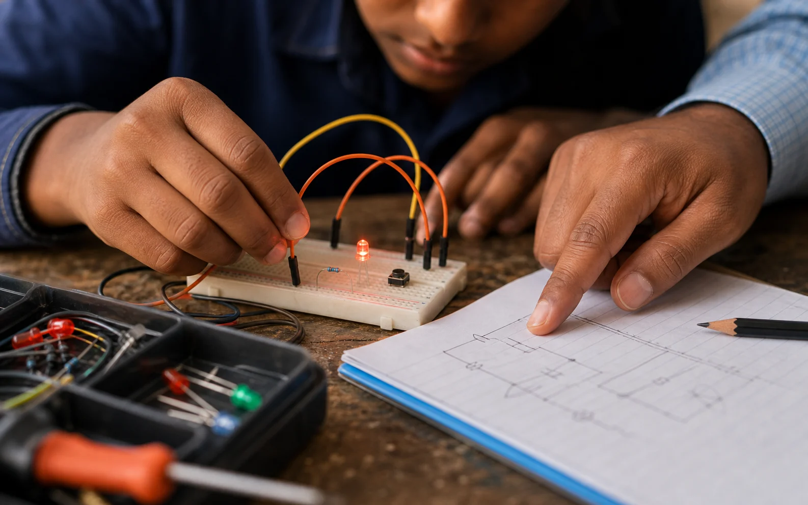 Student and mentor hands correct a loose jumper wire on a breadboard as an LED begins to glow beside a pencil sketch.