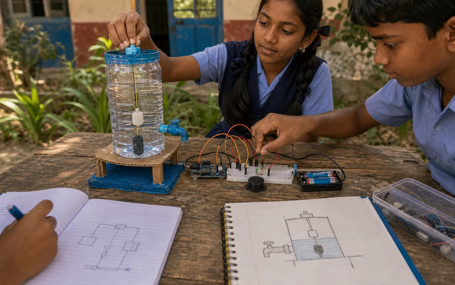 Students test a water-level alarm prototype with a transparent bottle tank, float sensor, buzzer, and circuit wires.