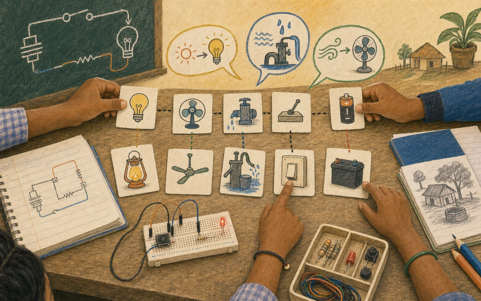 An illustrated classroom table shows hands matching circuit component cards to familiar everyday objects.