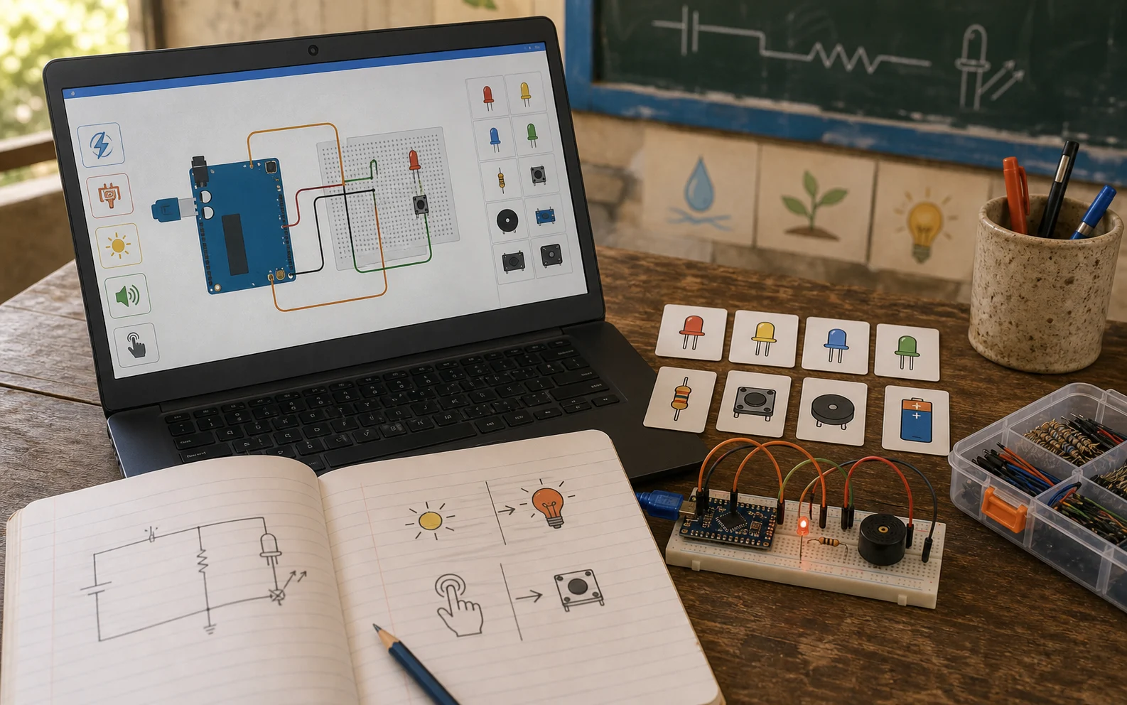 A stylized laptop simulator uses icon-based hints beside component cards, a notebook sketch, and a real breadboard.