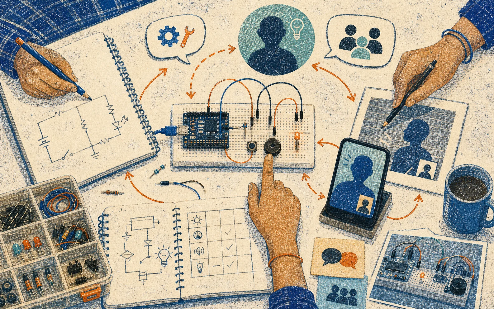 A risograph-style table illustration shows a prototype, notebook sketch, circuit photo, phone mentor tile, and feedback arrows.