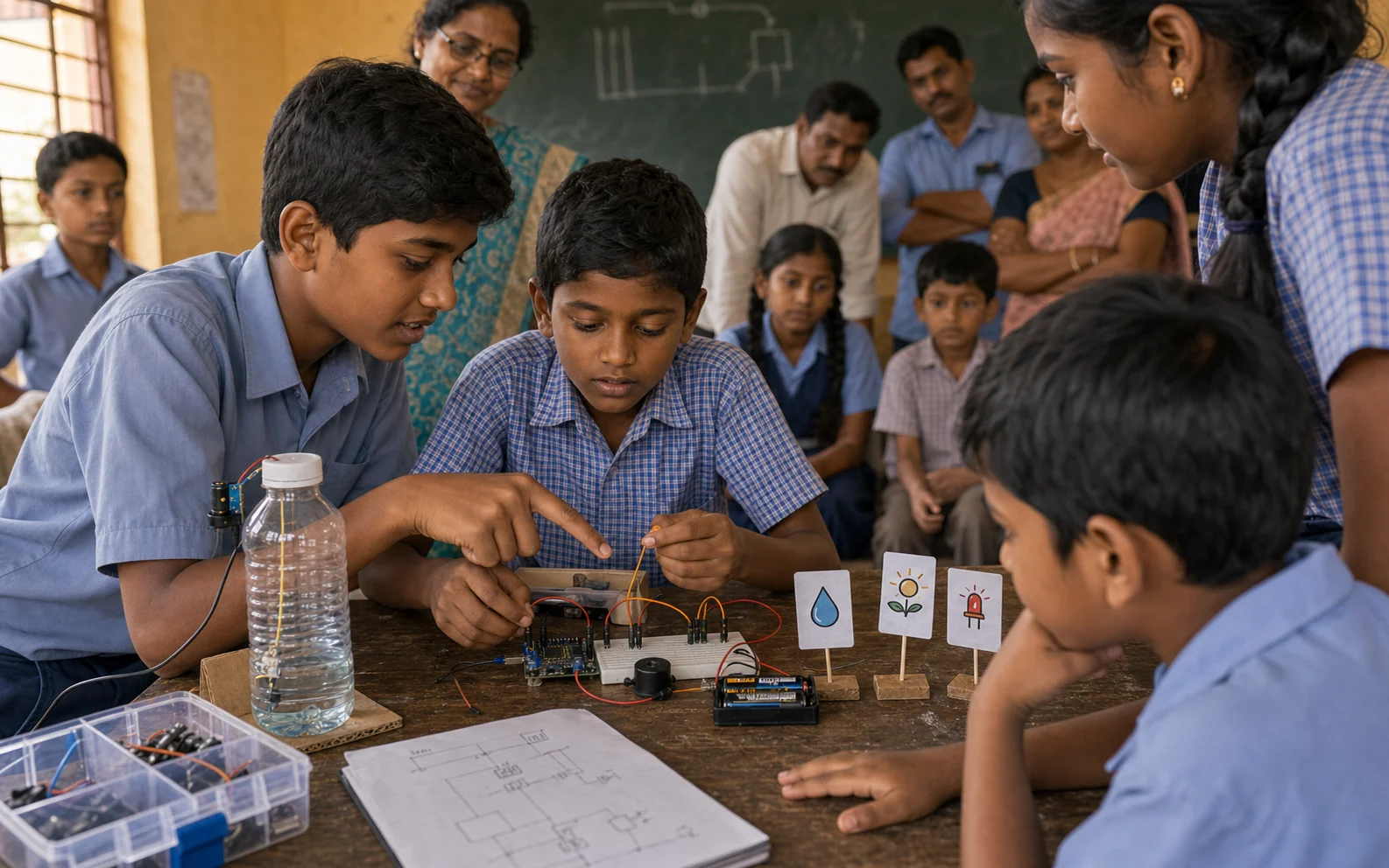 An older student mentors a younger learner at a prototype table while a teacher and community audience watch softly in the background.