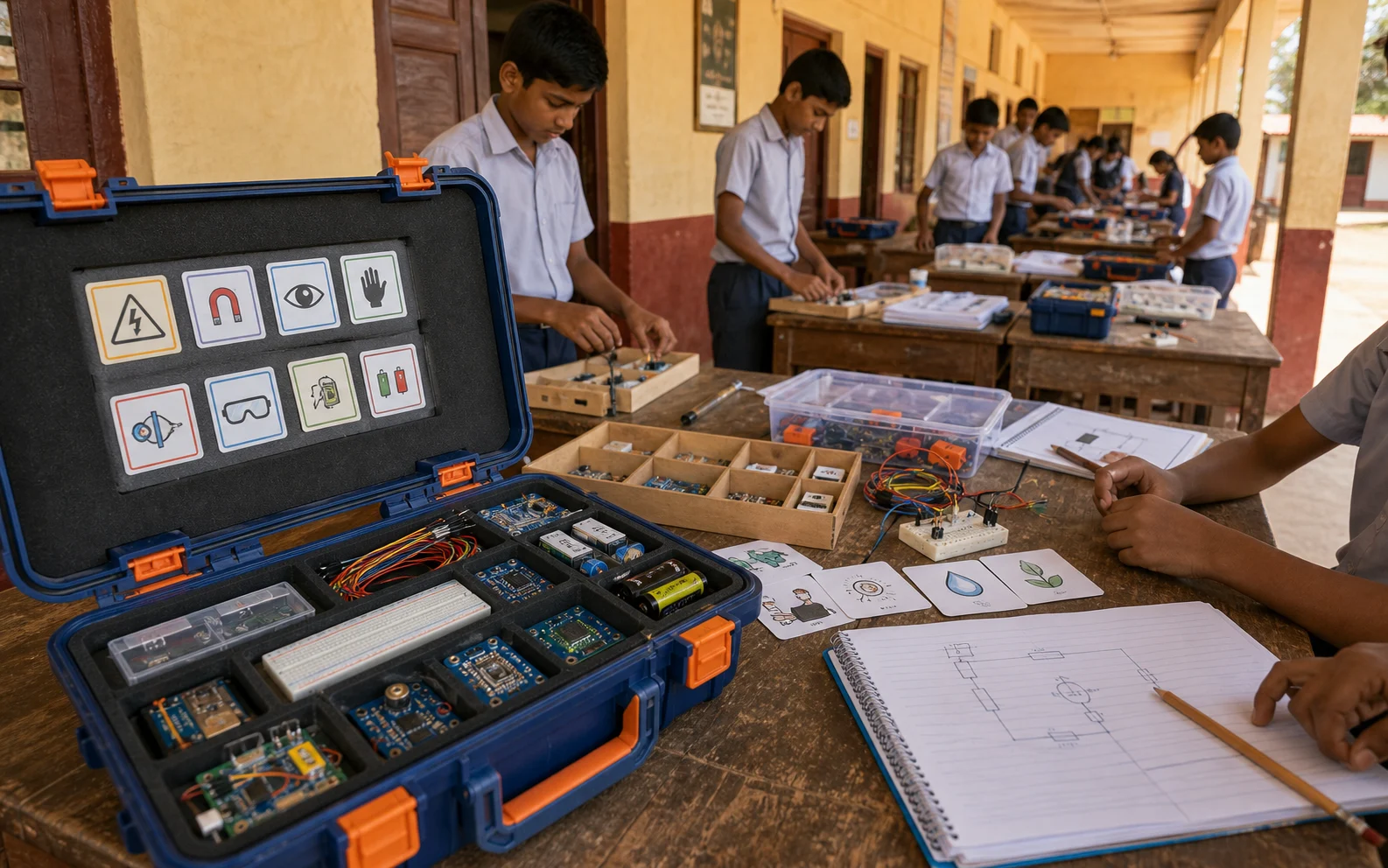A portable STEM kit is unpacked on a rural school veranda with trays, breadboards, sensors, batteries, and safety cards.