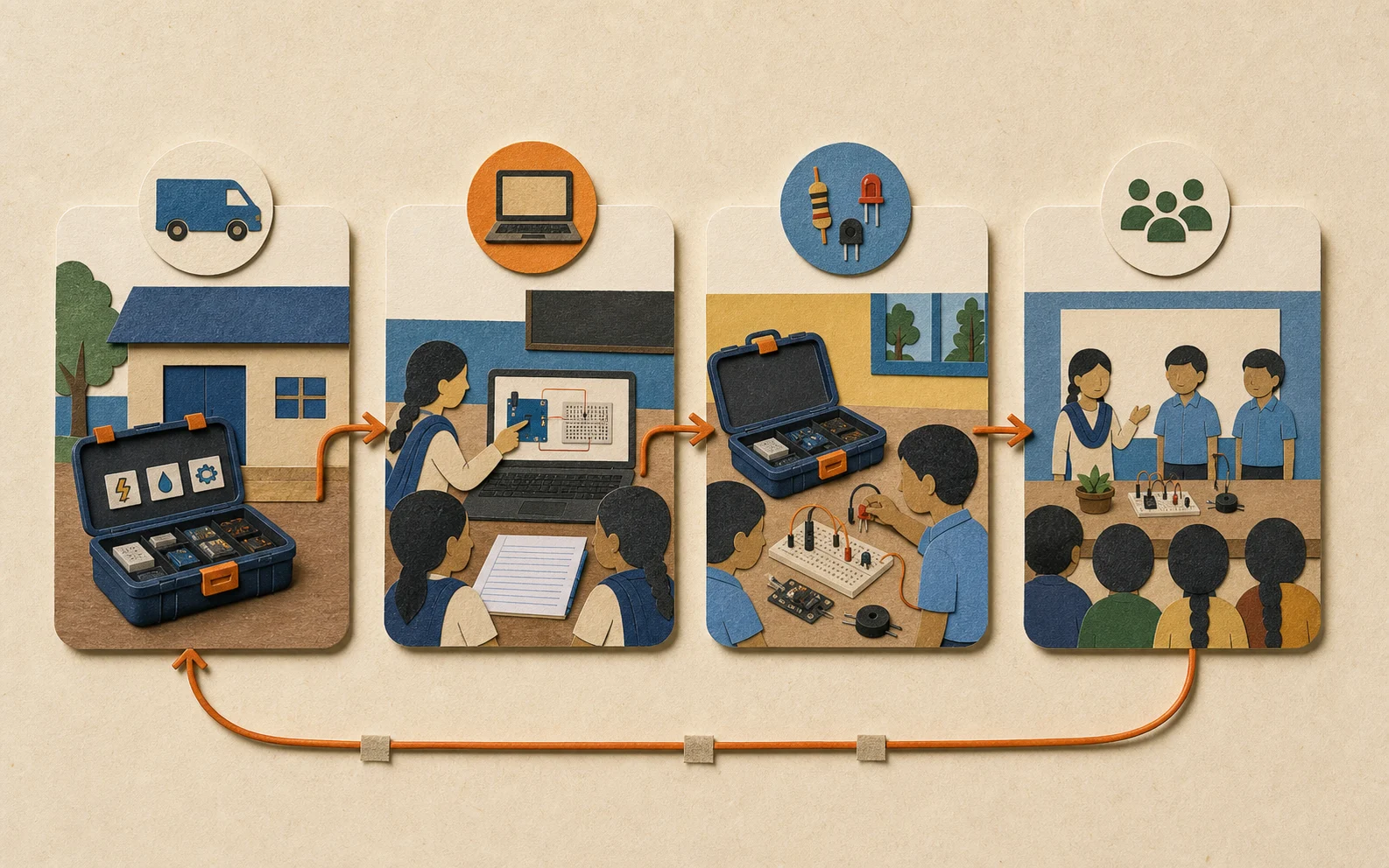 A paper-cut sequence of mobile lab icons shows a kit visit, simulator practice, challenge build, and student presentation.