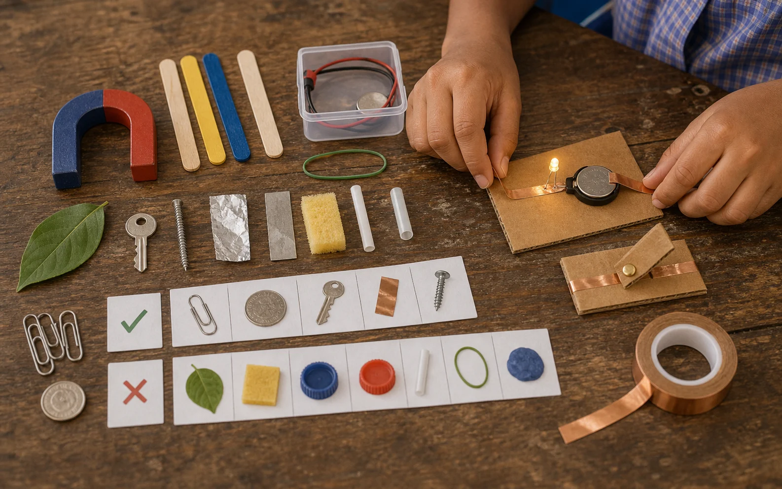 Child hands test everyday conductive objects, copper tape, a cardboard switch, and a safe coin-cell LED circuit.