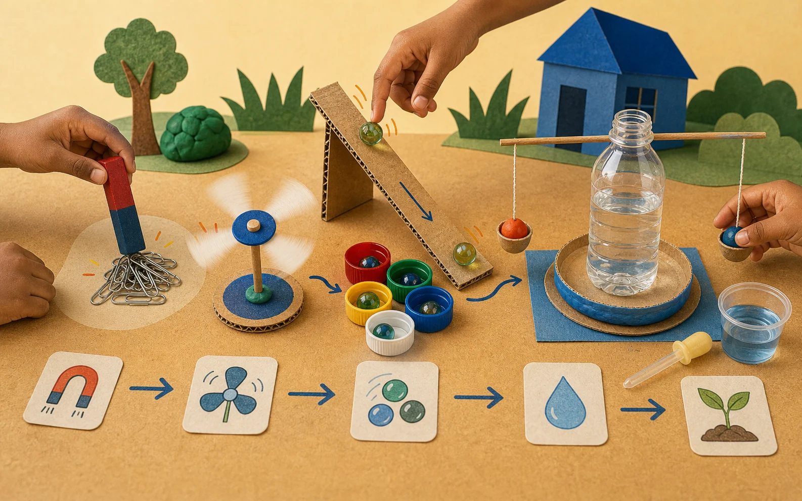 A stop-motion paper-craft tabletop shows magnets, paperclips, a cardboard ramp, marbles, a spinner, and small hands exploring.