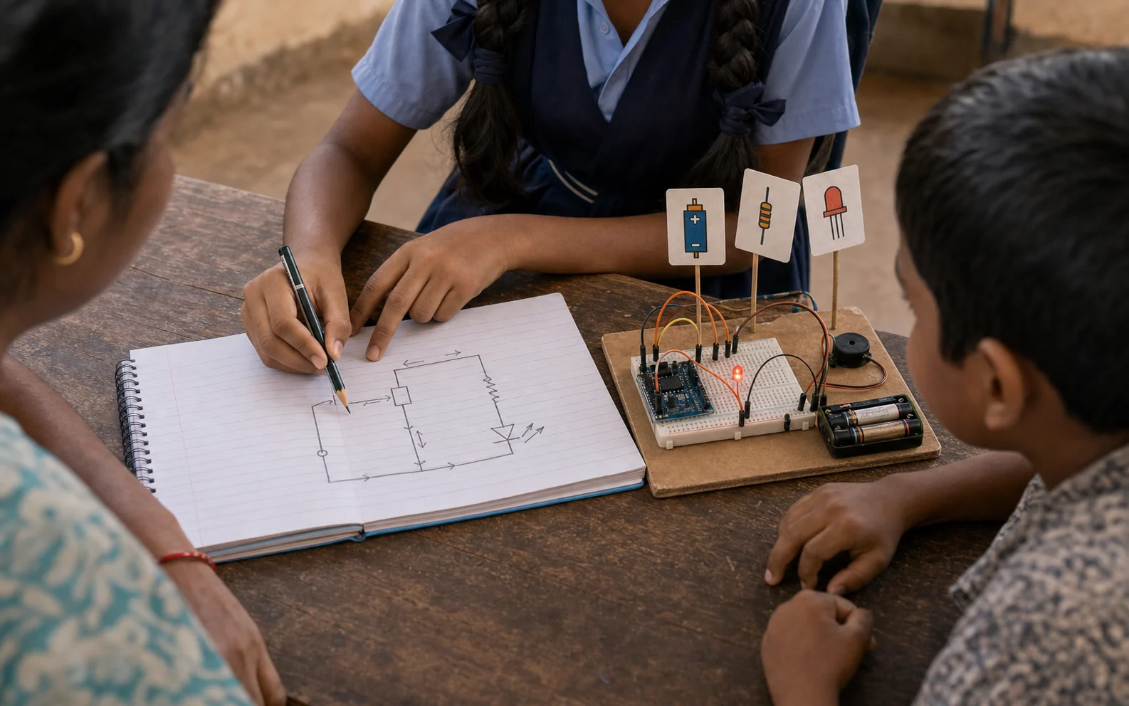 A student uses a pencil to explain a circuit sketch while the actual prototype sits beside the paper.