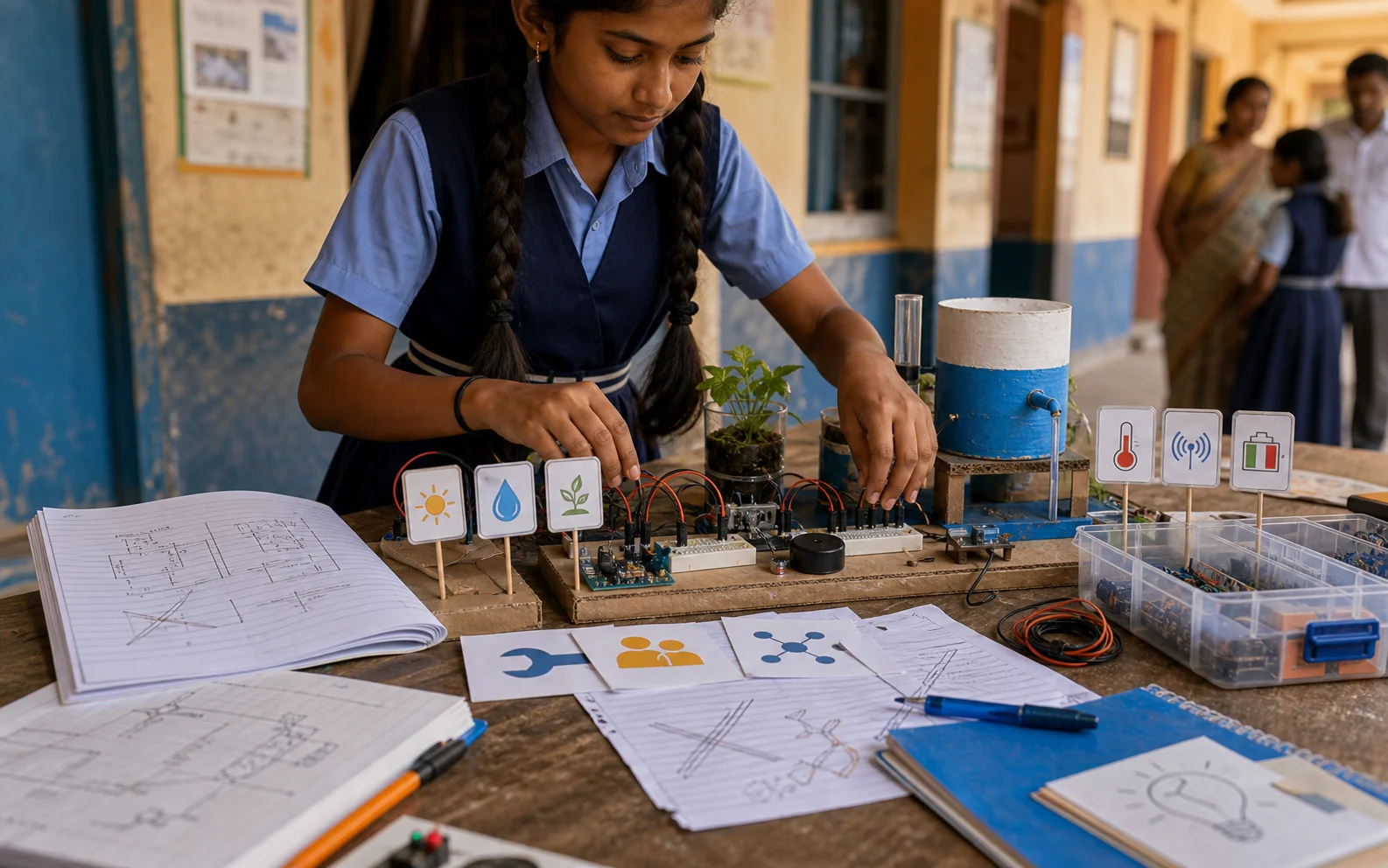 A student arranges a handmade prototype, loose wires, icon labels, and crossed-out notebook sketches on a showcase table.