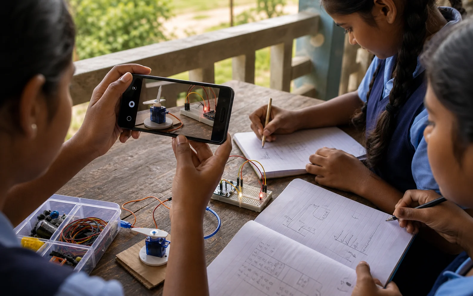 Students use a shared smartphone to time a servo experiment and photograph a breadboard while recording observations.