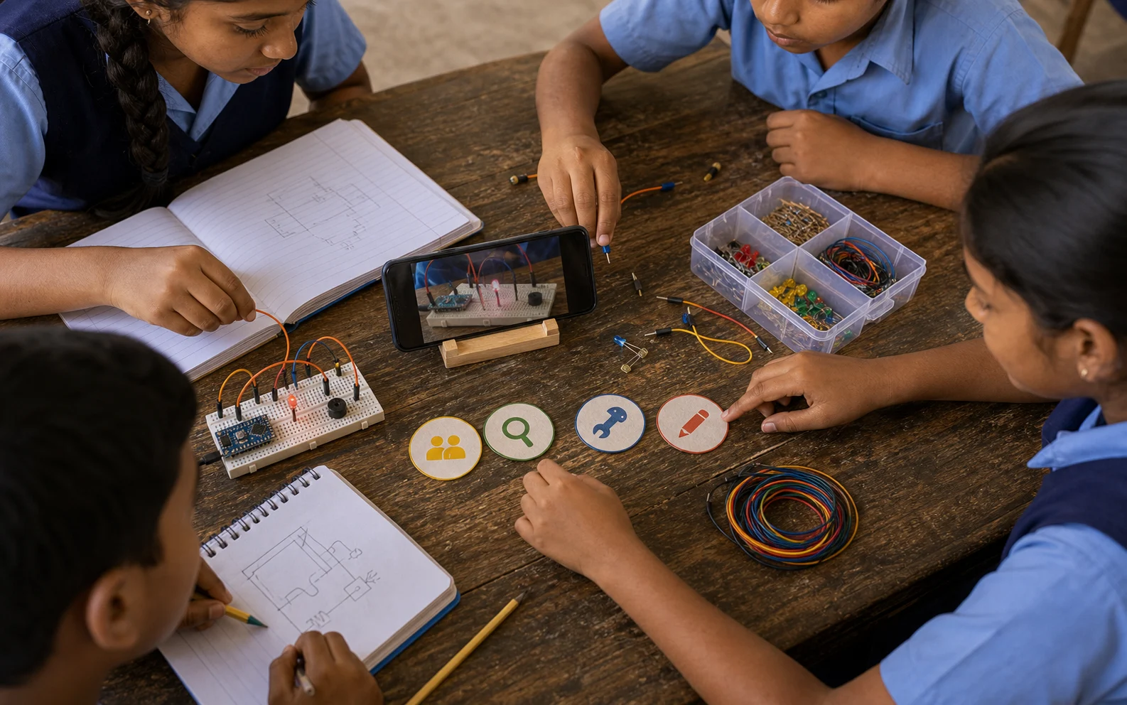 A shared phone sits between students at a team table with role tokens, circuit parts, and notebooks around it.