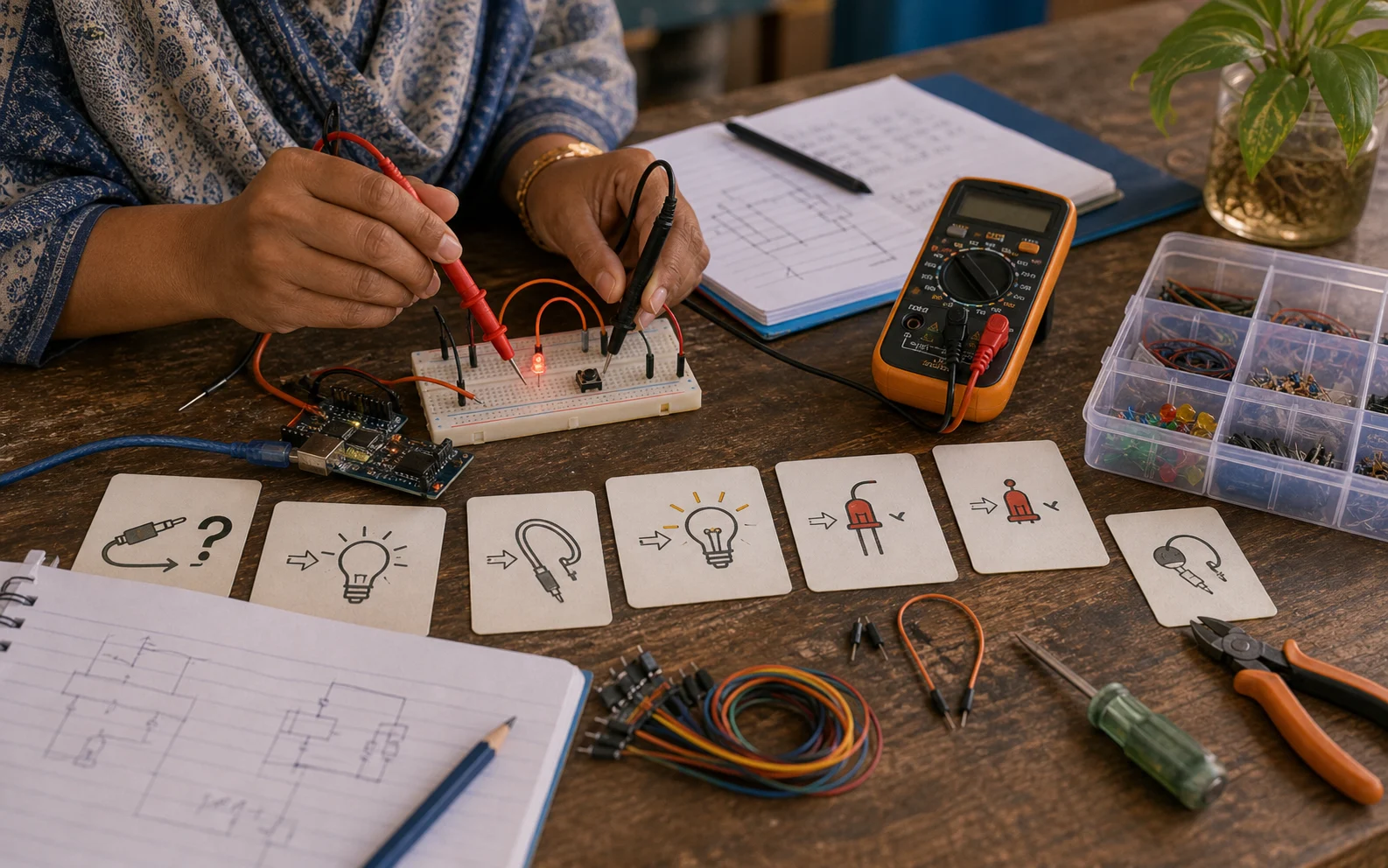 A teacher checks a circuit fault with a multimeter beside icon-only troubleshooting cards and spare electronics parts.
