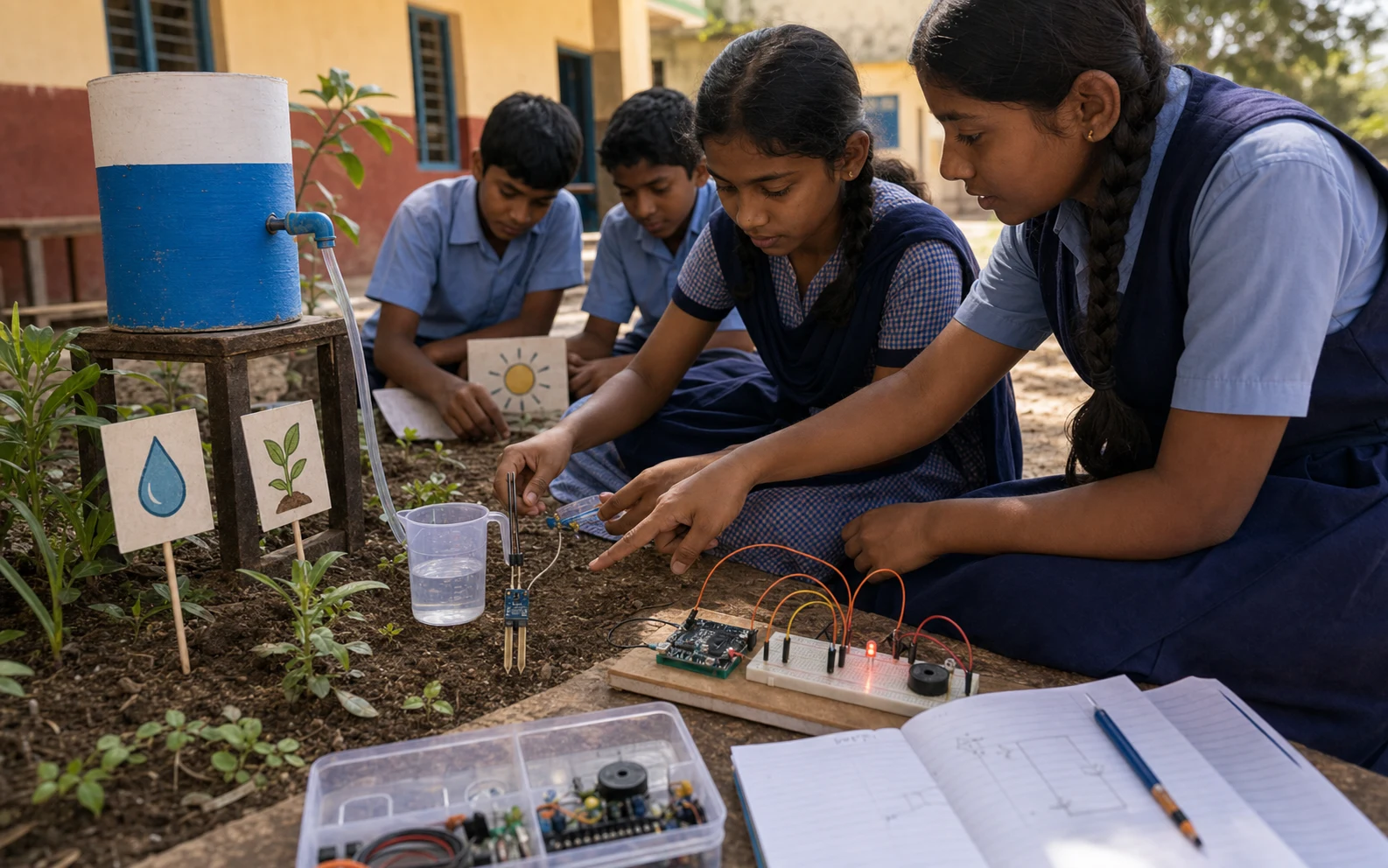Students arrange icon markers on a hand-drawn local problem map beside electronics parts.