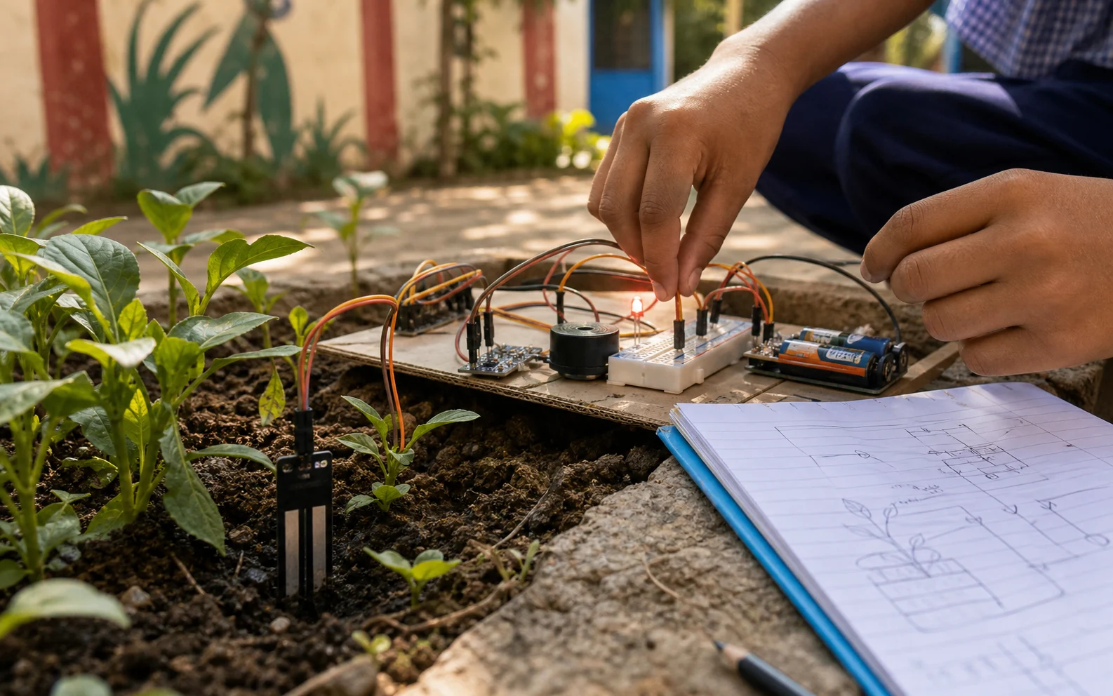 A soil-moisture probe, breadboard, buzzer, and notebook sit beside a small plant bed in a school courtyard.